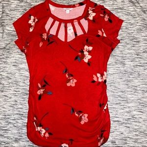 Red floral shirt with sweetheart cut neckline
